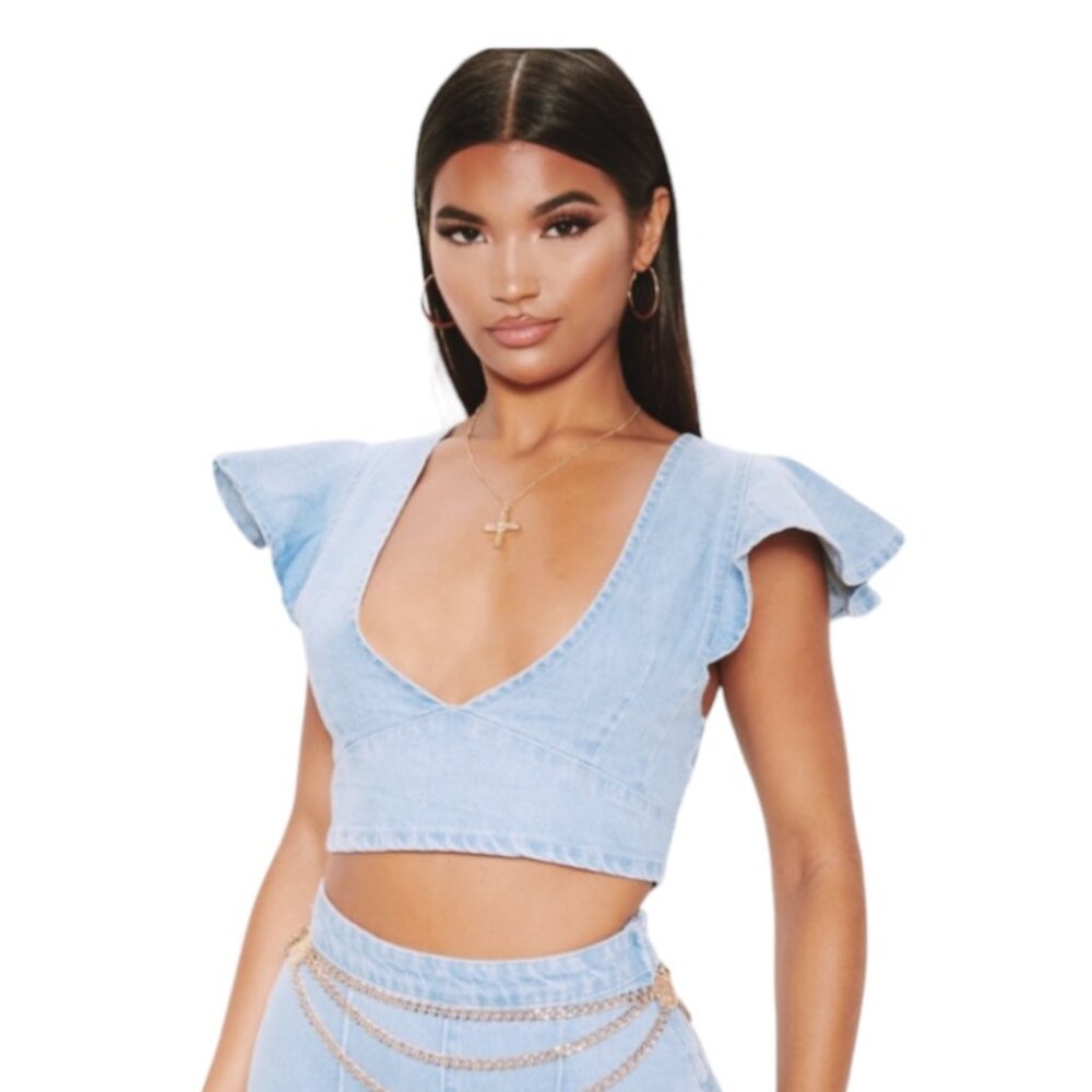 Prettylittlething Size 8 Light Wash Flare Sleeve Demin Crop Top NWT